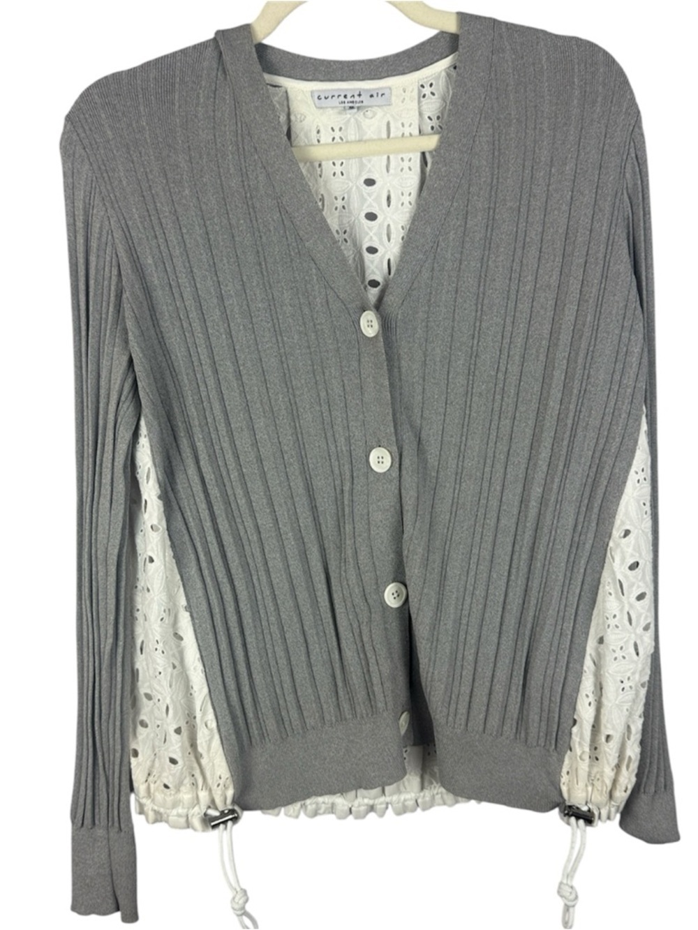 Current Air Gray White Mixed Media Eyelet Lace Back Medium Ribbed Cardigan